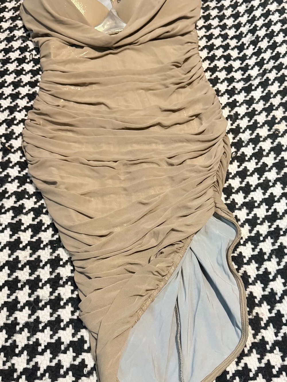 Ruched Beige Dress with Gold Shimmer